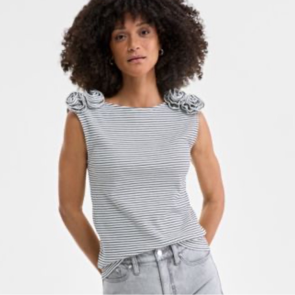 On 34th Rosette Shoulder Black and White Striped Tank Top with Floral Details